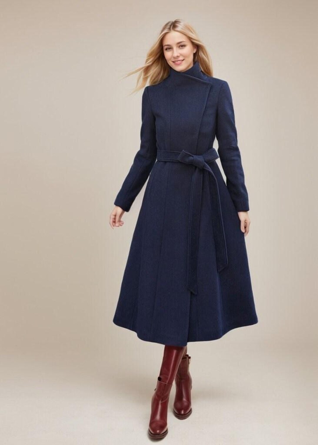Blue Wool Coat Women, Long Wool Wrap Coat, Asymmetrical Warm