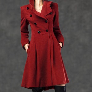Asymmetrical Military wool Coat, Winter coat women, Fit-and-Flare Wool Coat with Cinched Waist, womens coat with Large Turn-Back Cuffs C2592 image 2