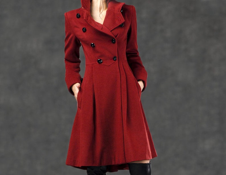 Asymmetrical Military wool Coat, Winter coat women, Fit-and-Flare Wool Coat with Cinched Waist, womens coat with Large Turn-Back Cuffs C2592 image 2