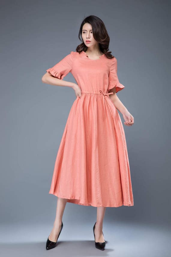 pink linen dress summer long dress short sleeve dress fit | Etsy