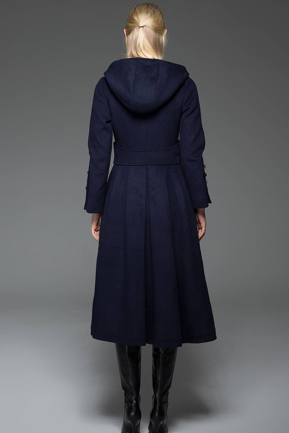 Navy Military Style Coat - Long Modern Dark Blue Hooded