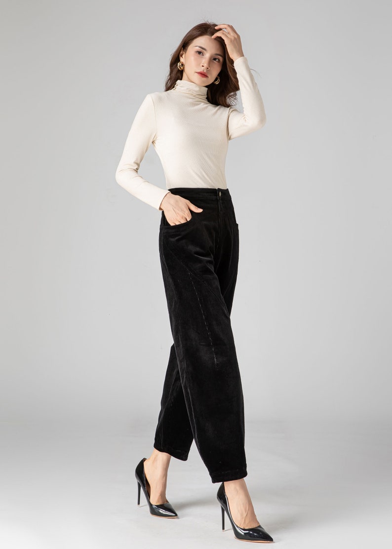 Black Corduroy Pants Women, Tapered Pants, Autumn Pants, Long Pants, Womens Pants, Loose Fitting Pants, Handmade Pants, Made to Order C3592 image 4
