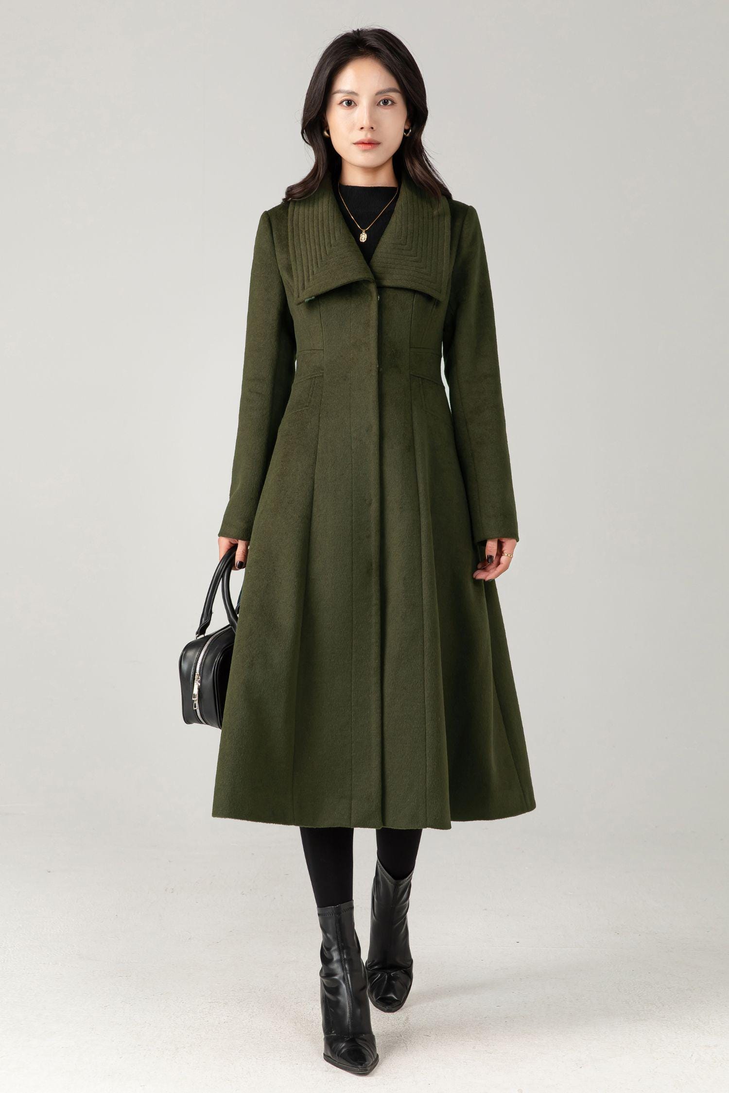 Army Green Wool Midi Coat: Women Tailored Winter Coat With