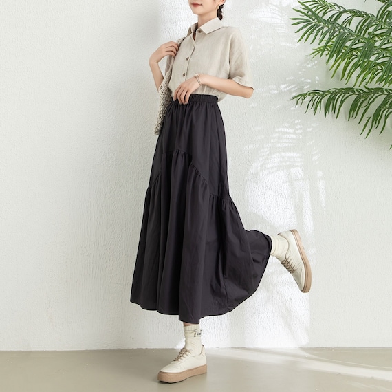 Summer Midi Skirt, Black Swing Skirt, Women's Cotton Skirt