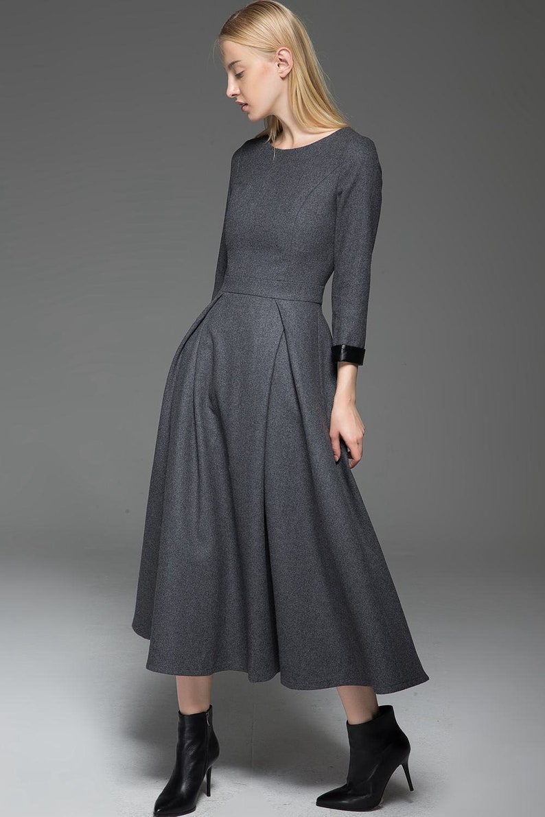 Wool Dress, Womens Long wool dress, Classic Long Fitted Tailored Warm Winter Dress with Long Sleeves Round Neck & Black Leather Cuffs C780 image 2