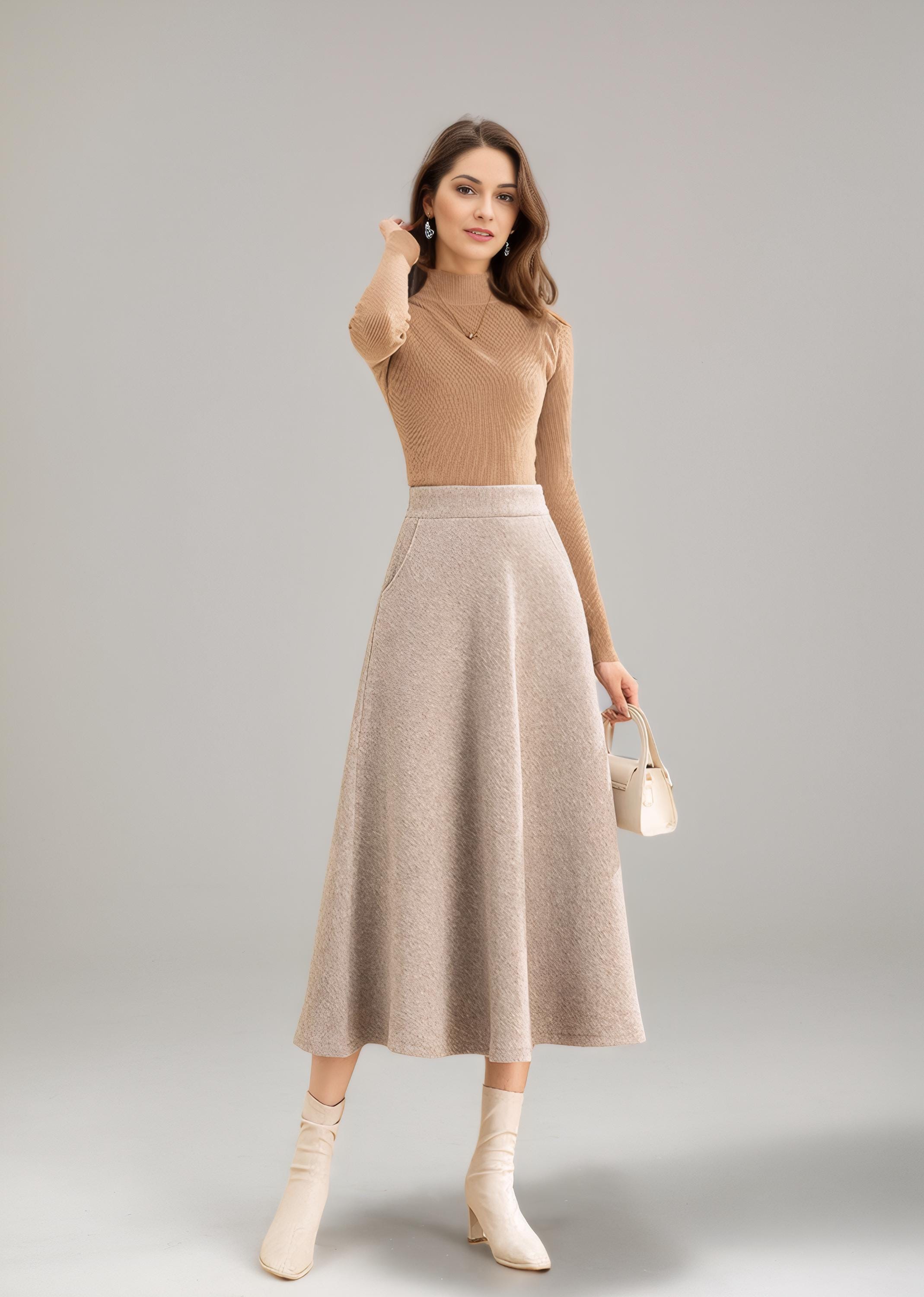 A-line Midi Wool Skirt, Beige Long Wool Skirt, Wool Skirt