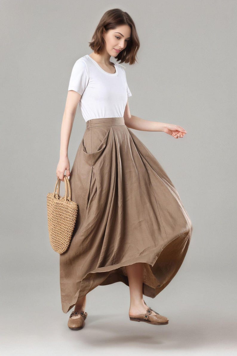 Linen Maxi Skirt, Khaki Asymmetrical Skirt with Pockets, Ylistyle C3272 image 1