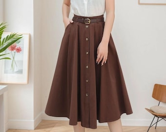 Linen Midi Skirt, Button Down Linen Skirt, Womens Brown Summer