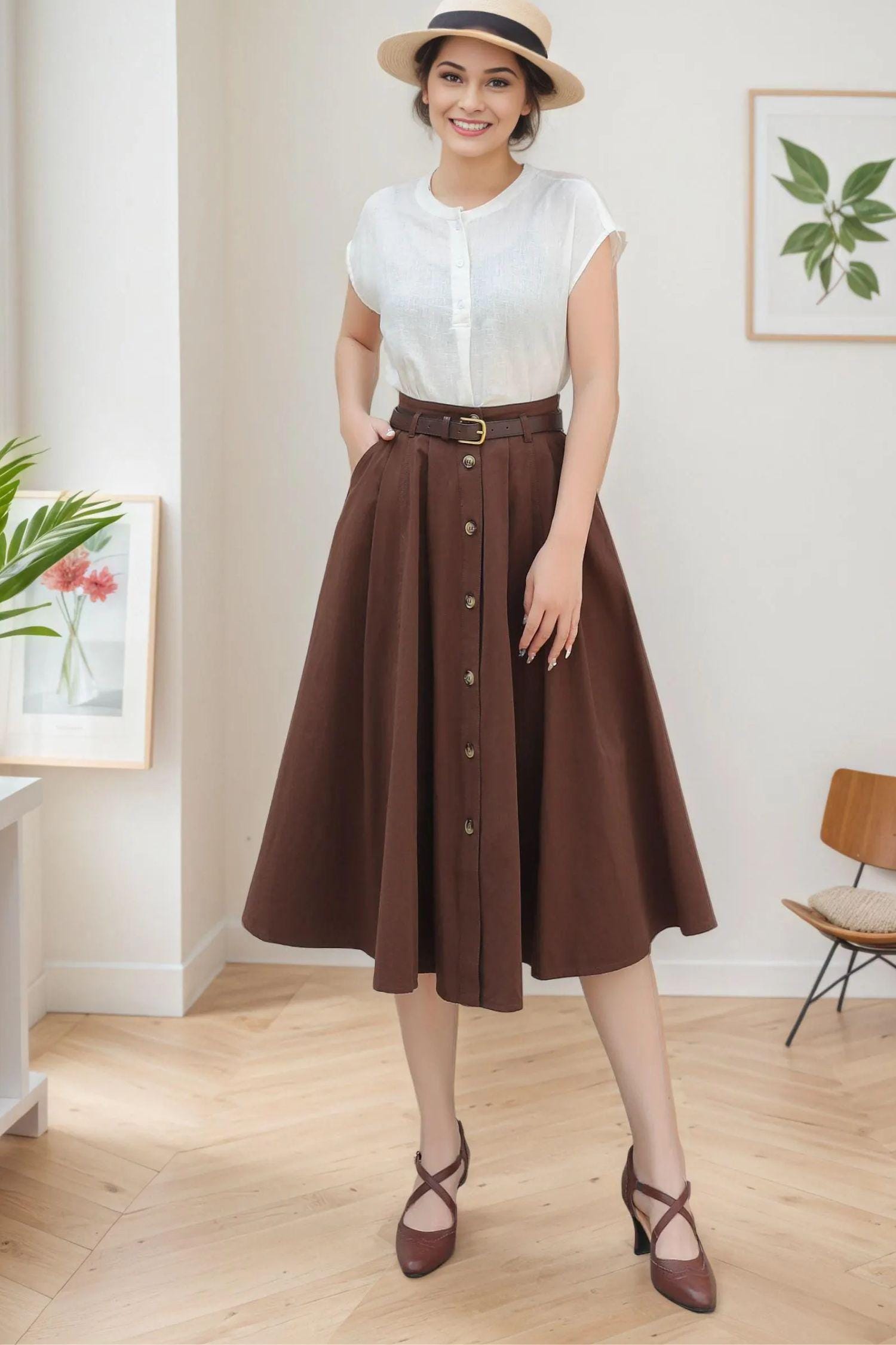 Linen Maxi Skirt, Button Down Linen Skirt, Brown Skirt