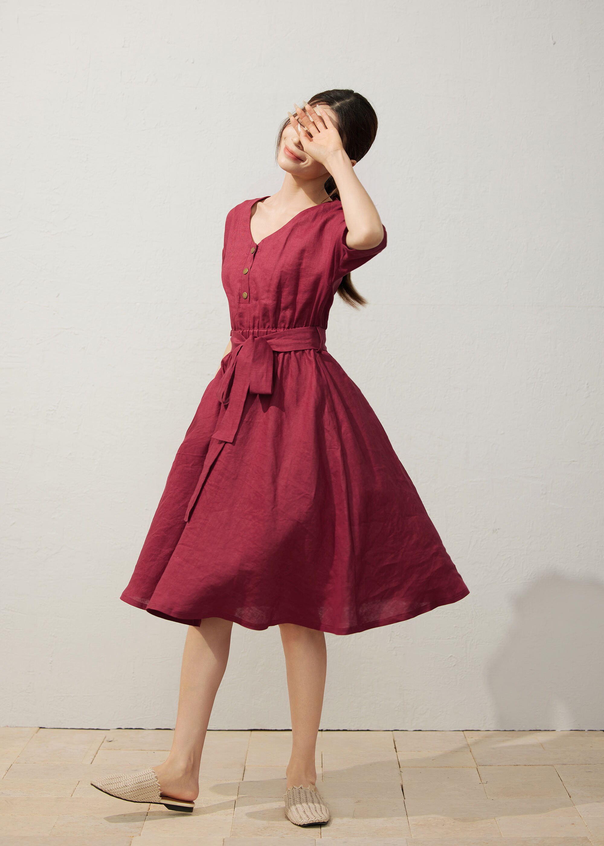 Women's Burgundy Linen Dress C3926 Burgundy / Xs