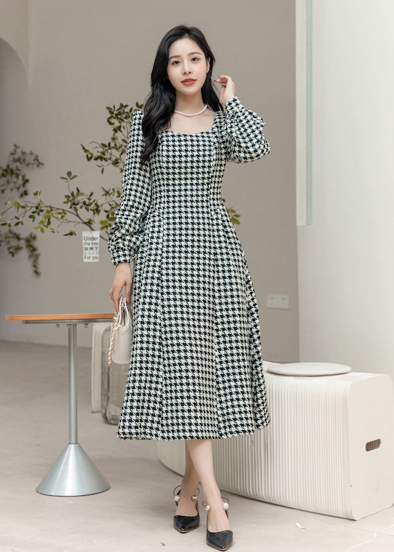 Midi Houndstooth Wool Dress, Midi Dress, Long Sleeve Dress Midi Houndstooth Wool Dress, Midi Dress, Long Sleeve Dress