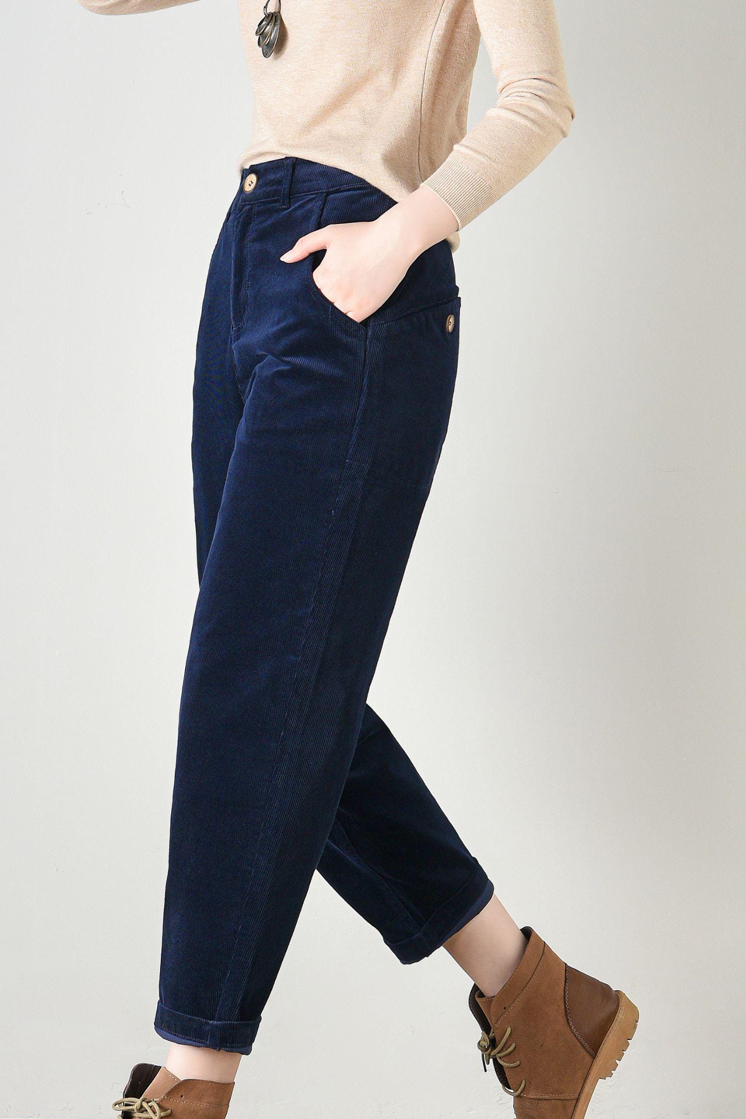 ネイビーコーデュロイパンツ：ハイウエストリラックスフィット