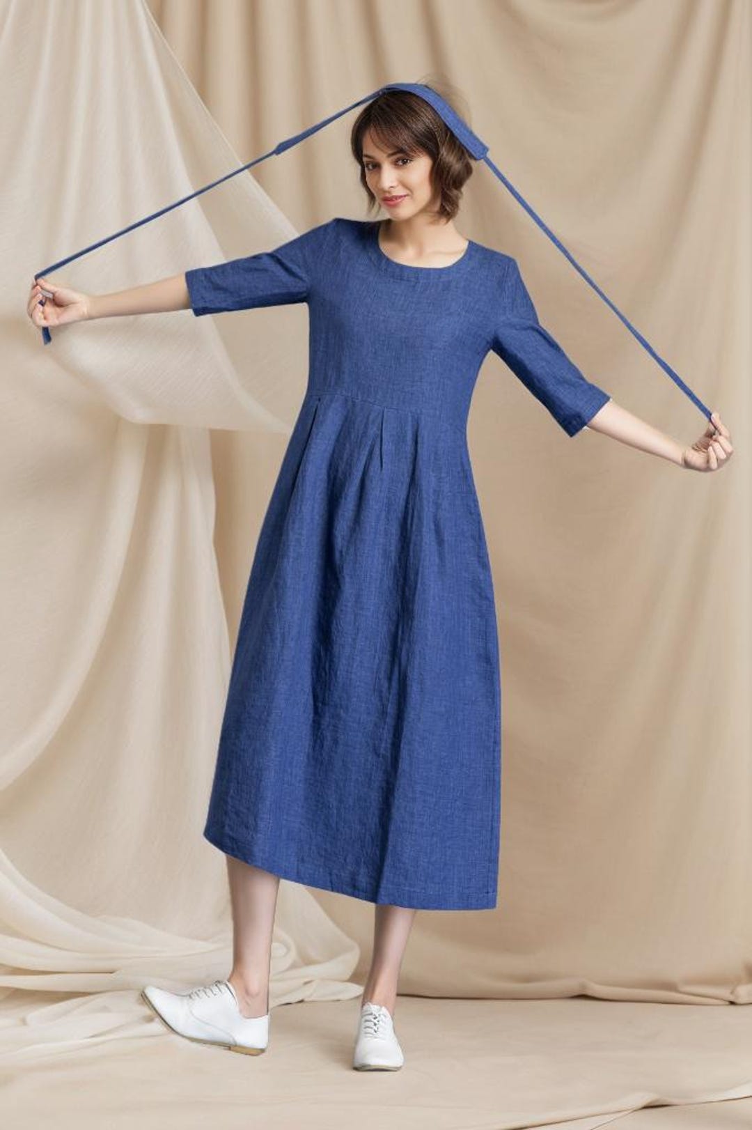 Blue Casual Linen Plus Size Summer Maxi Dresses 1640