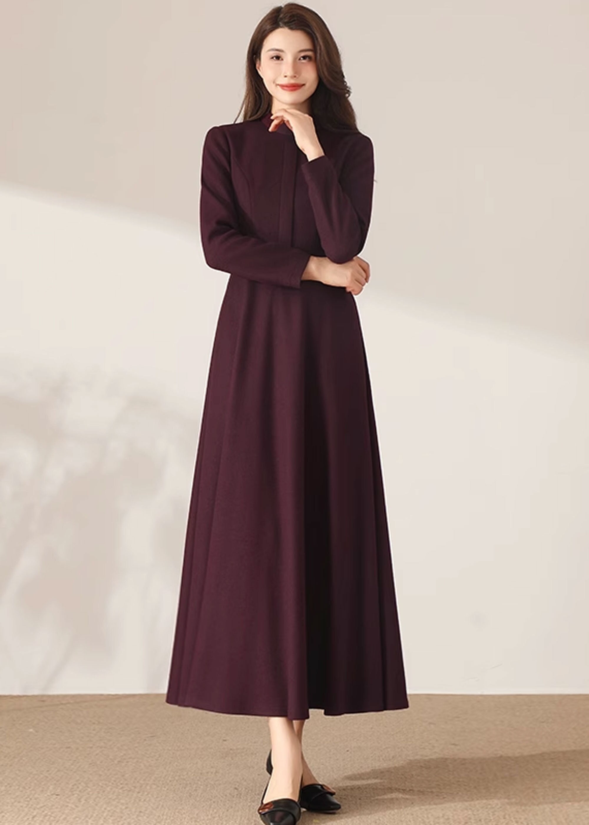 Wool Dress, Maxi Wool Dress, Burgundy Wool Dress, A-line