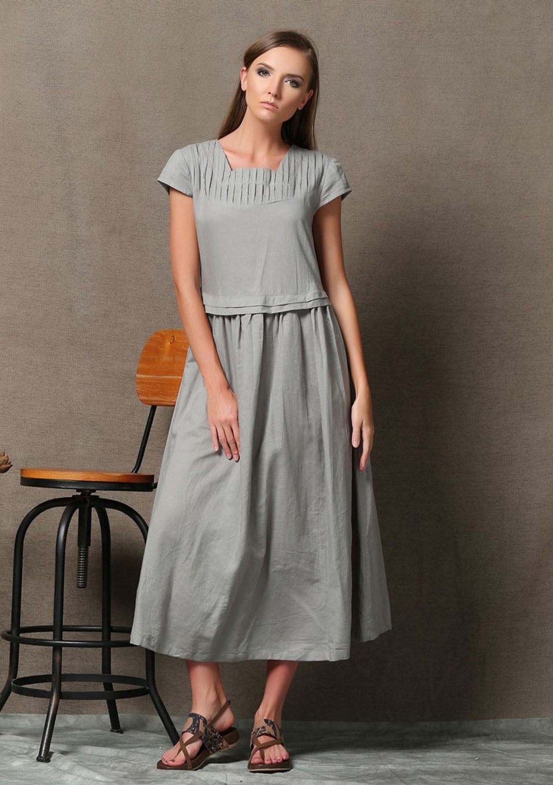 Gray Linen Dress Plus size Maxi dress with pockets Short | Etsy