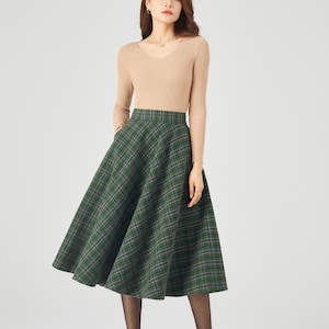 Wool skirt, Wool midi skirt, flare skirt, Swing A line skirt, women skirts winter, Elastic waist skirt, Gray wool skirt, Ylityle C1193 Green plaid-c3686