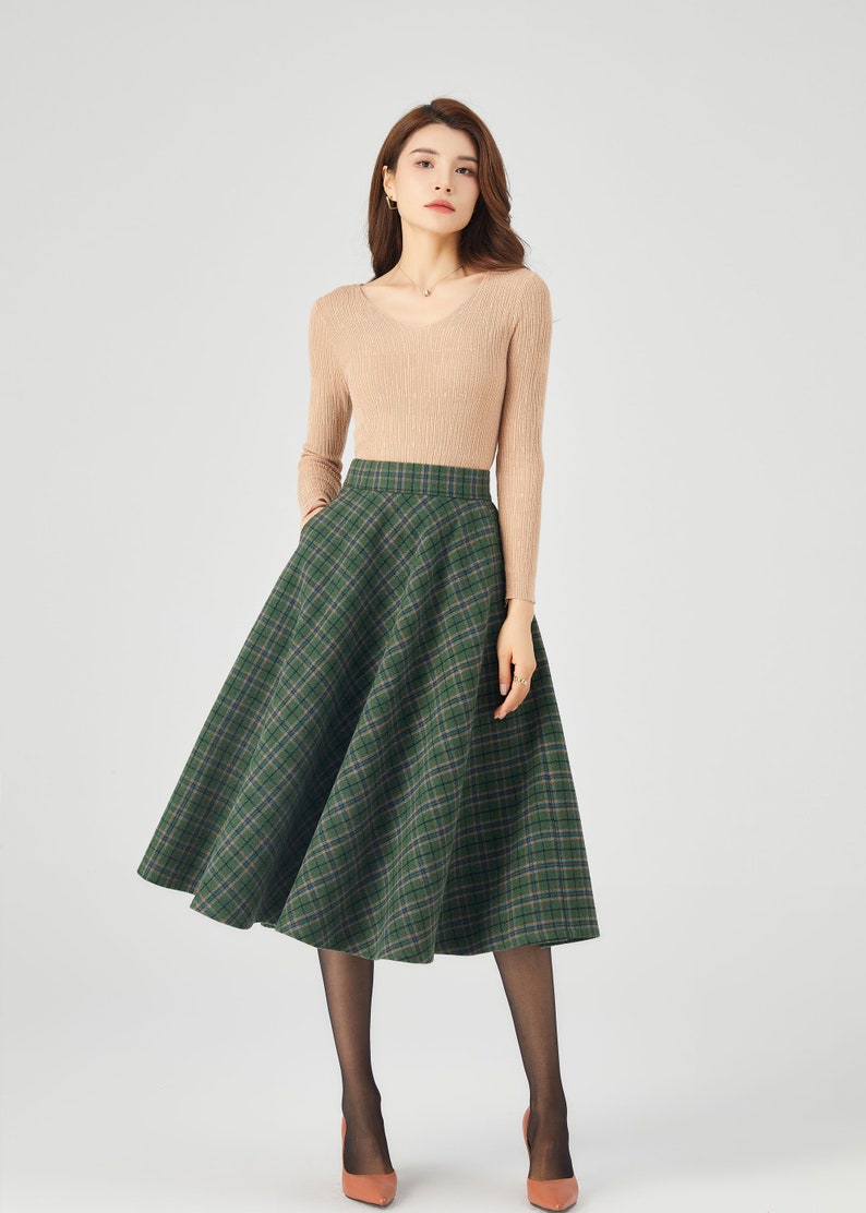 Wool skirt, Wool midi skirt, flare skirt, Swing A line skirt, women skirts winter, Elastic waist skirt, Gray wool skirt, Ylityle C1193 Green plaid-c3686