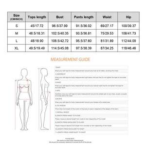 May include: Size chart for clothing with measurements in inches and centimetres. The chart includes sizes S, M, L, and XL with measurements for tops length, bust, trousers length, waist, and hip.