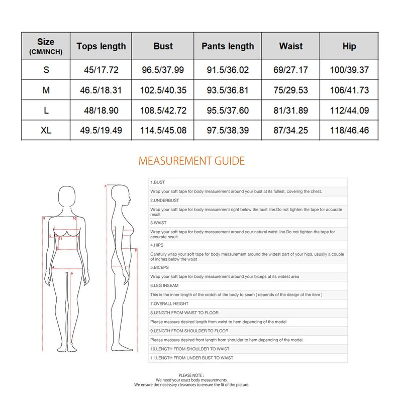 May include: Size chart for clothing with measurements in inches and centimetres. The chart includes sizes S, M, L, and XL with measurements for tops length, bust, trousers length, waist, and hip.