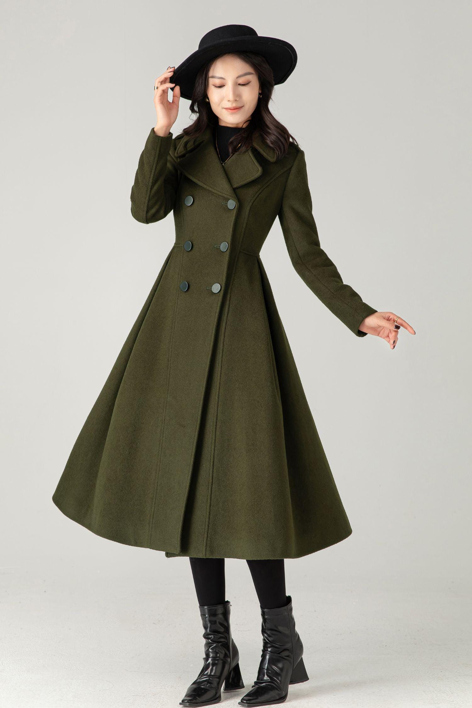 美品　kirov　DOUBLE BELTS CHESTER COAT　緑　1　S Army Green Wool Swing Coat – Double Breasted Fit and Flare Winter