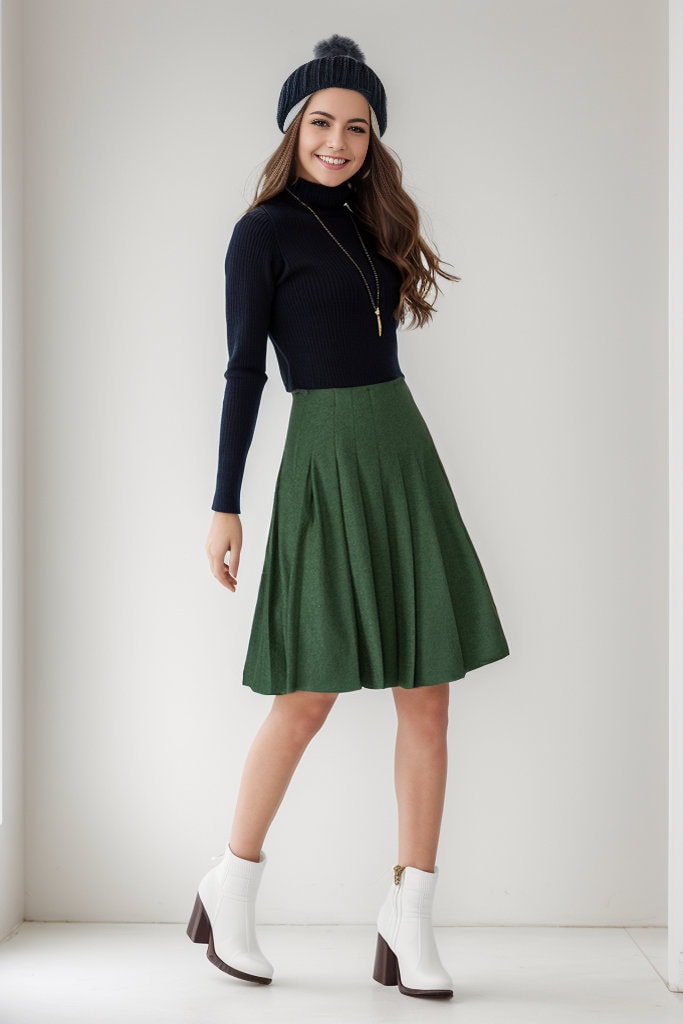◆Loulouseoul◆ Joy Wool Check Midi Skirt Green Wool Skirt, Green Wool Midi Skirt Women, Circle Pleated Wool