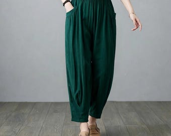 Linen Lantern Pants, Dark Green Harem Trousers, Loose Fit Linen Pants Women, Elastic Waist Boho Clothing, Custom, Ylistyle C2104
