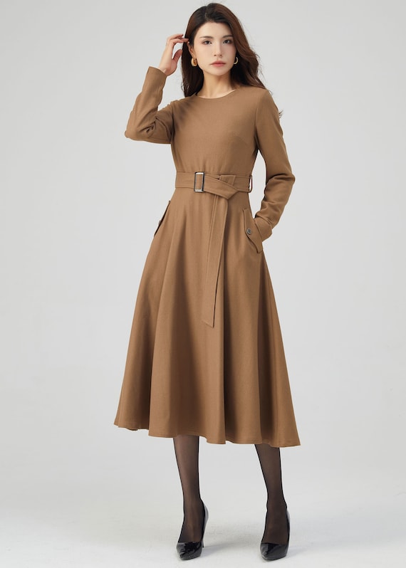 Midi Wool Dress, Belted Dress, Fit and Flare Dress, Autumn Dress Women,  Pockets Dress, Casual Dress, Made to Order, Plus Size Dress C3543 - Etsy UK