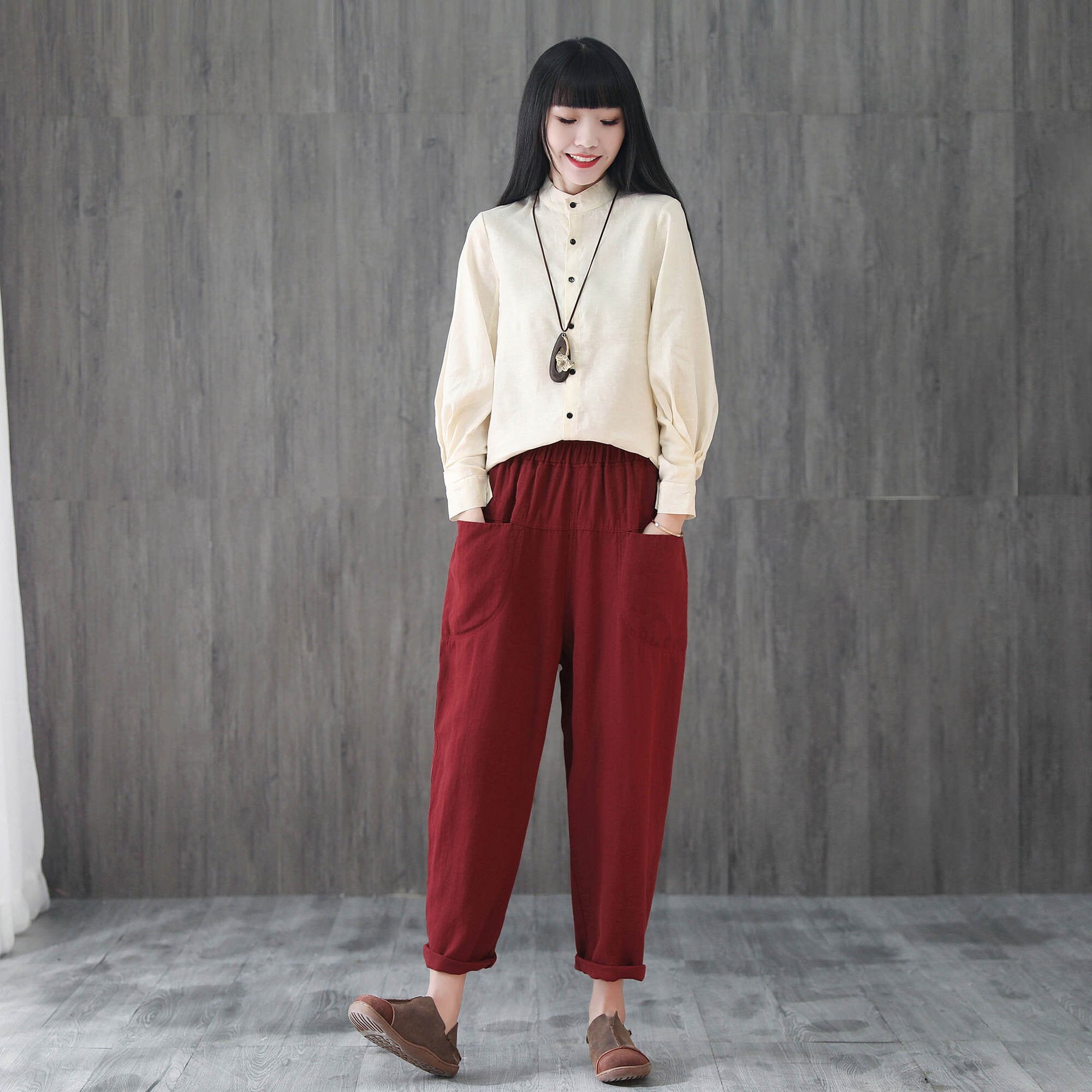 Tapered Linen Pants Red Casual Pants Plus Size Pants Etsy