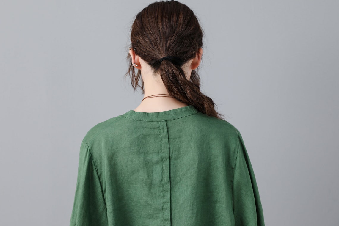 Linen Relaxed Frill Blouse - Leaf Green