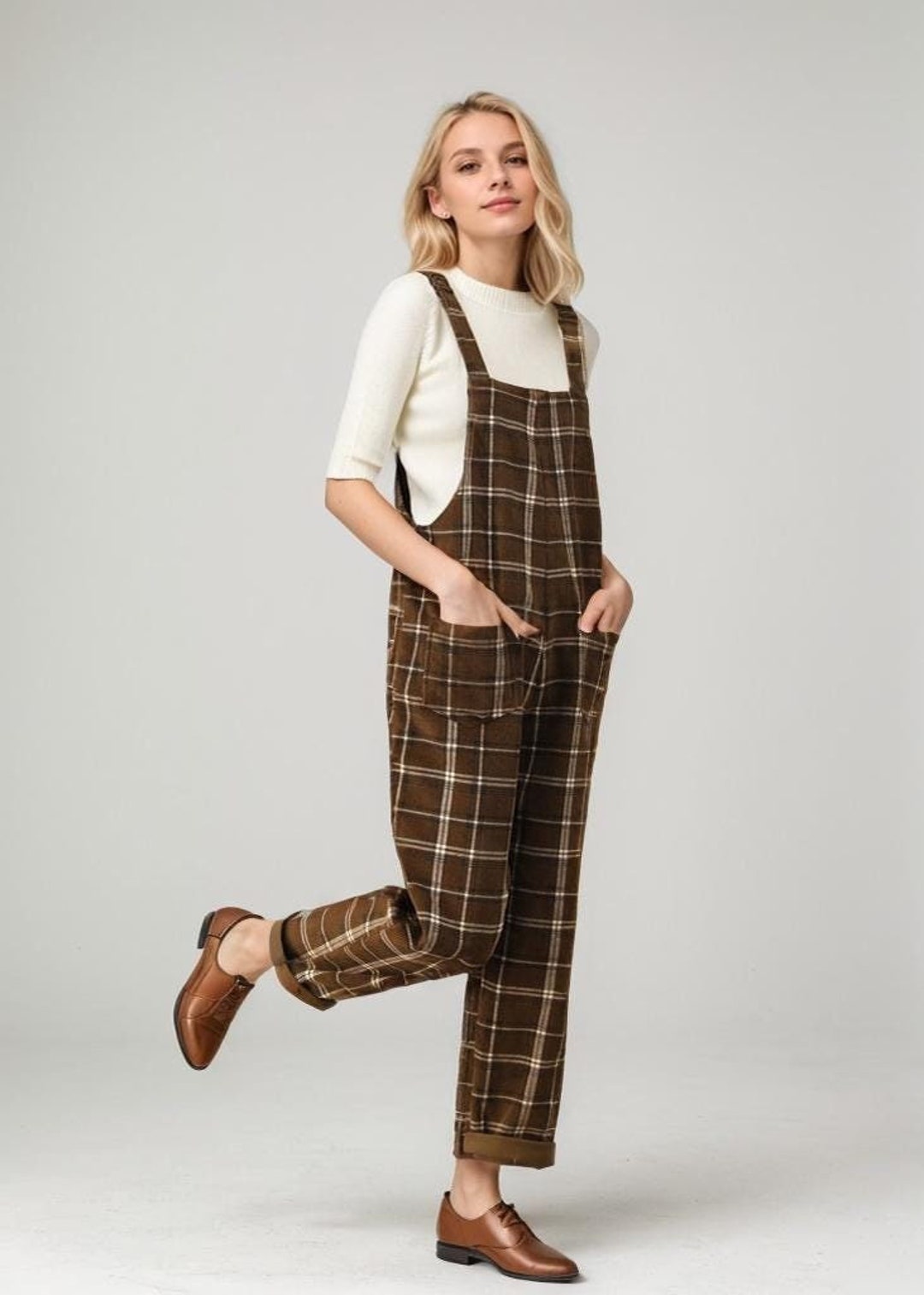 Corduroy Overalls, Brown Plaid Jumpsuits Women, Retro Casual Corduroy Overalls, Brown Plaid Jumpsuits Women, Retro Casual