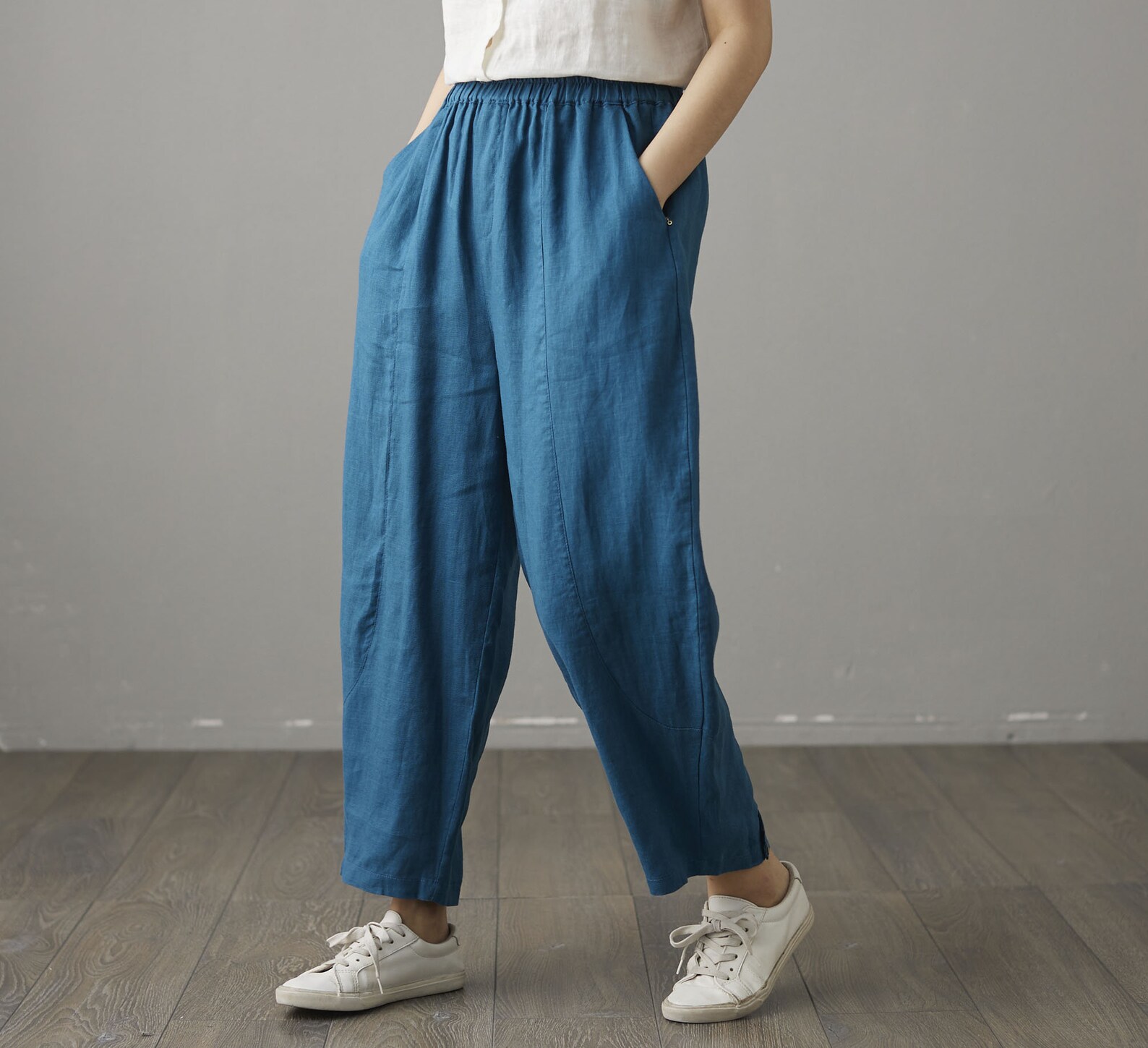 Blue Linen pants Cropped Pants Casual Cotton Linen Trousers Etsy