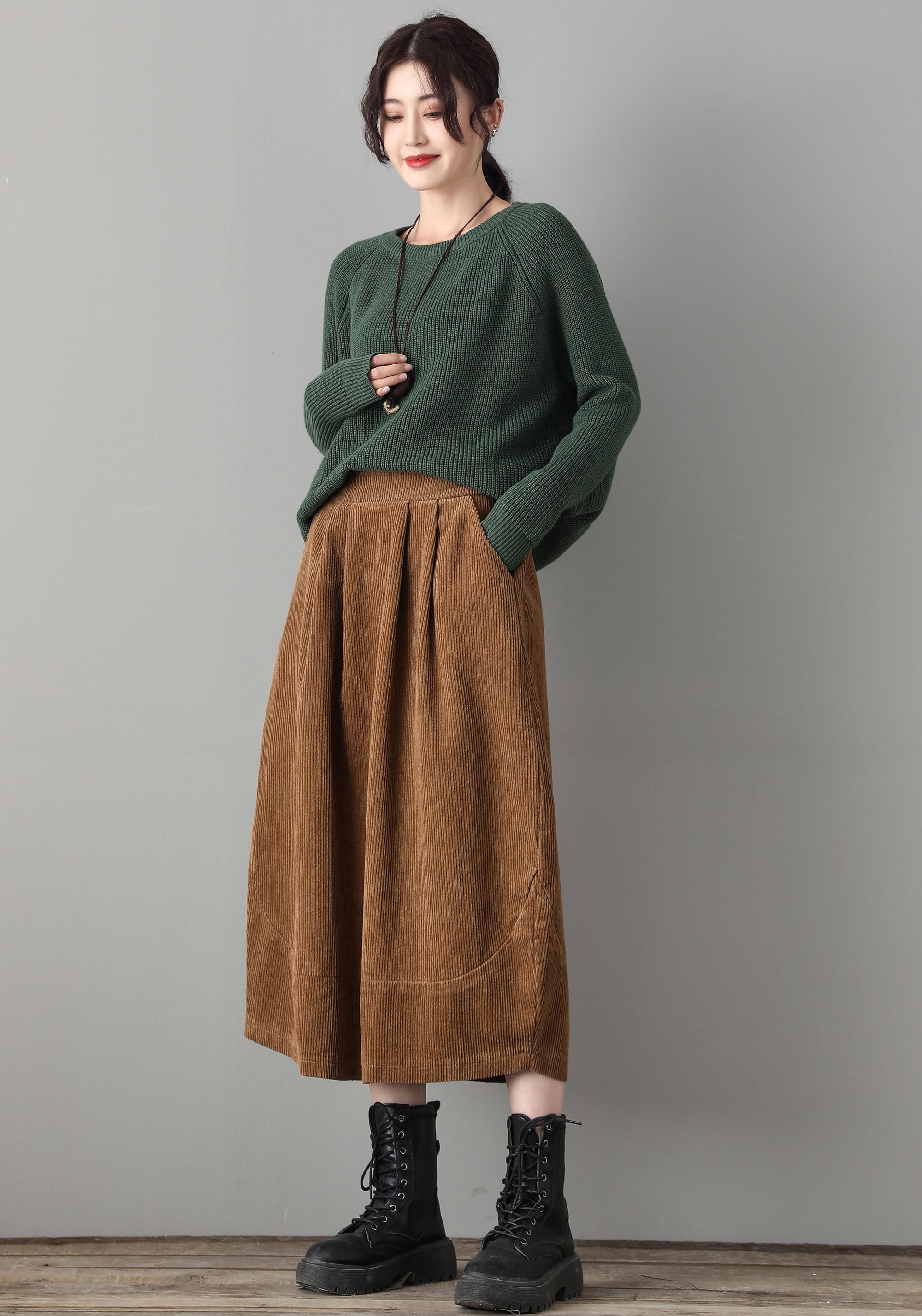 Elastic Waist Casual Corduroy Maxi Skirt, Brown Corduroy