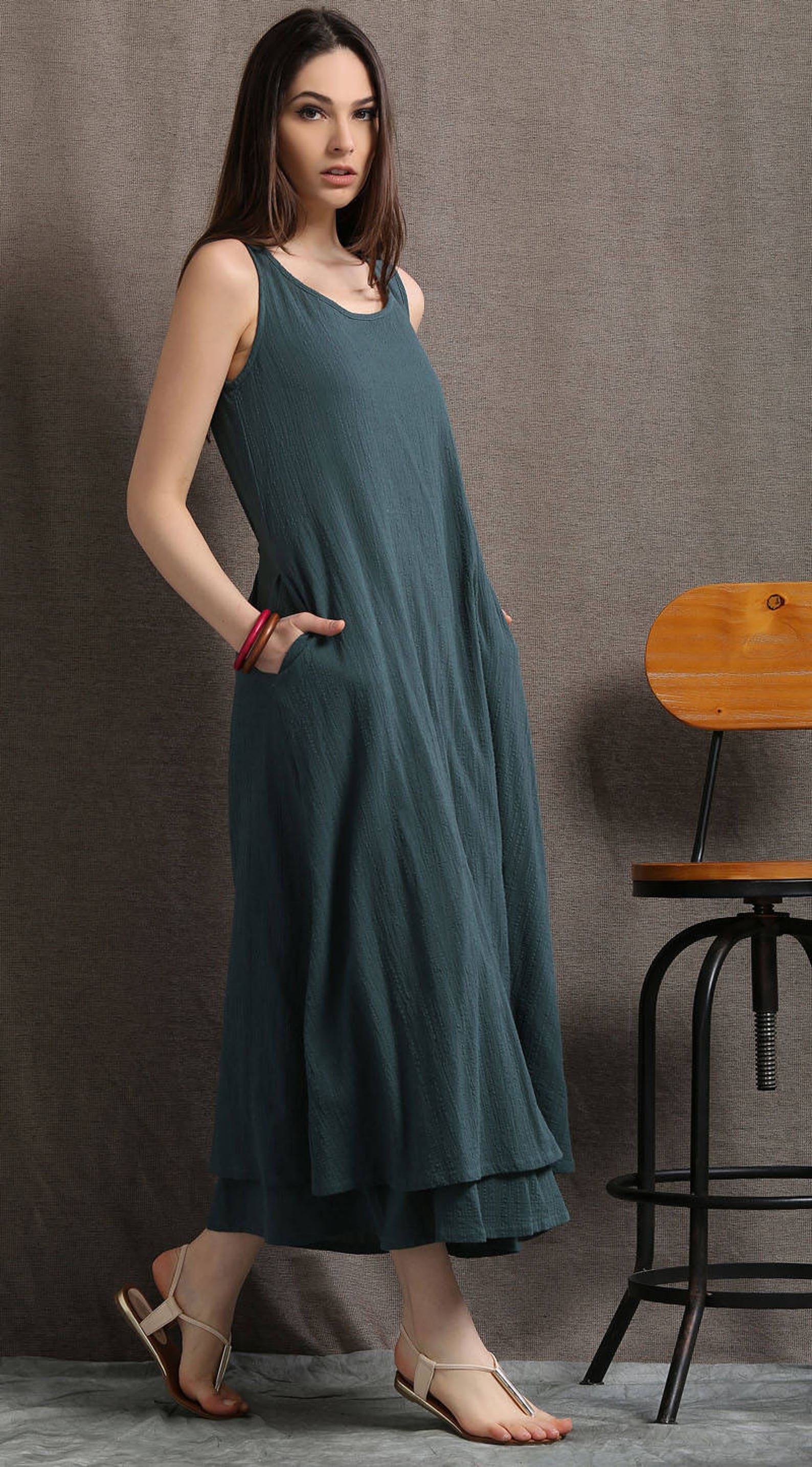 Layered Linen Maxi Dress Long Sage Green Casual Everyday | Etsy