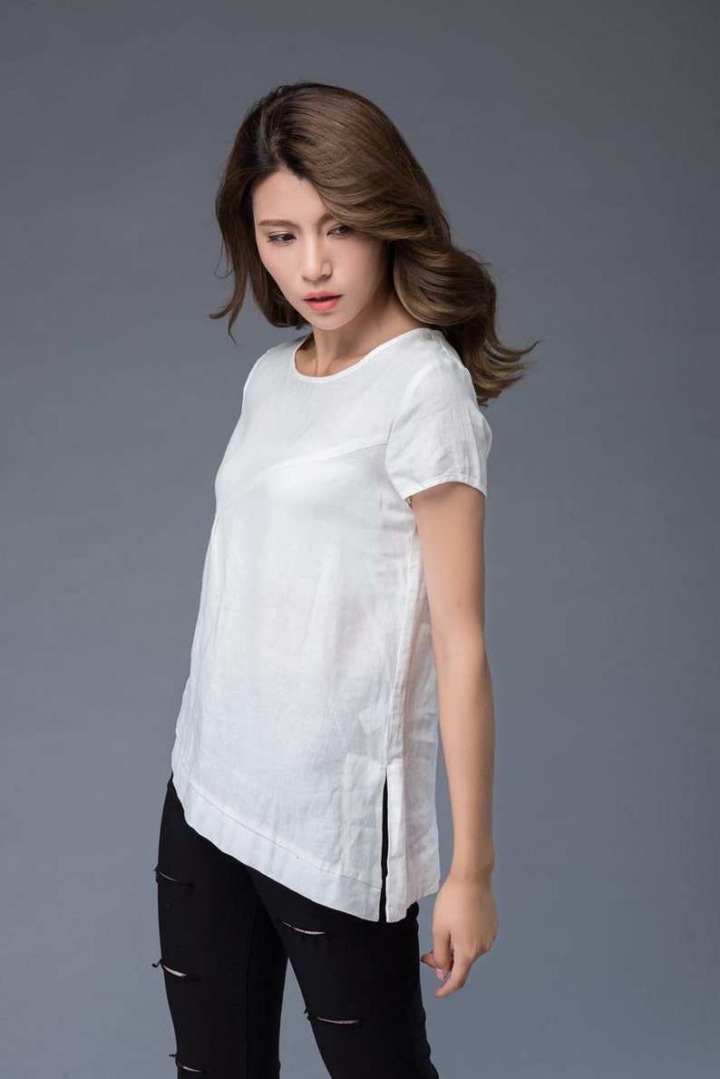 T-shirt en lin blanc, T-shirt irrégulier, col rond, T-shirt ample, T-shirt décontracté pour femme C949 image 2