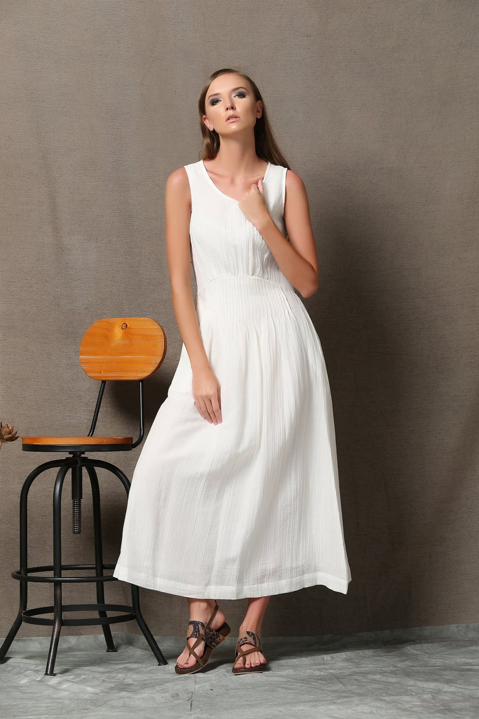 Linen Long Dress-White main image 1