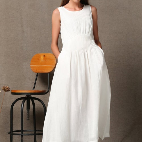Sleeveless White Maxi Linen Dress C538 White / Xs