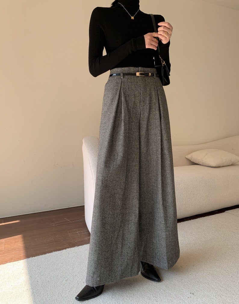 Gray Wool Palazzo Pants, Vintage Inspired Wool Pants, Wide Leg Wool Pants Women, High Waisted Pants, Custom Pants, Winter Wool Pants C3147 image 4