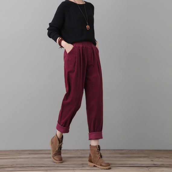 Burgundy Corduroy Pants Women Spring 