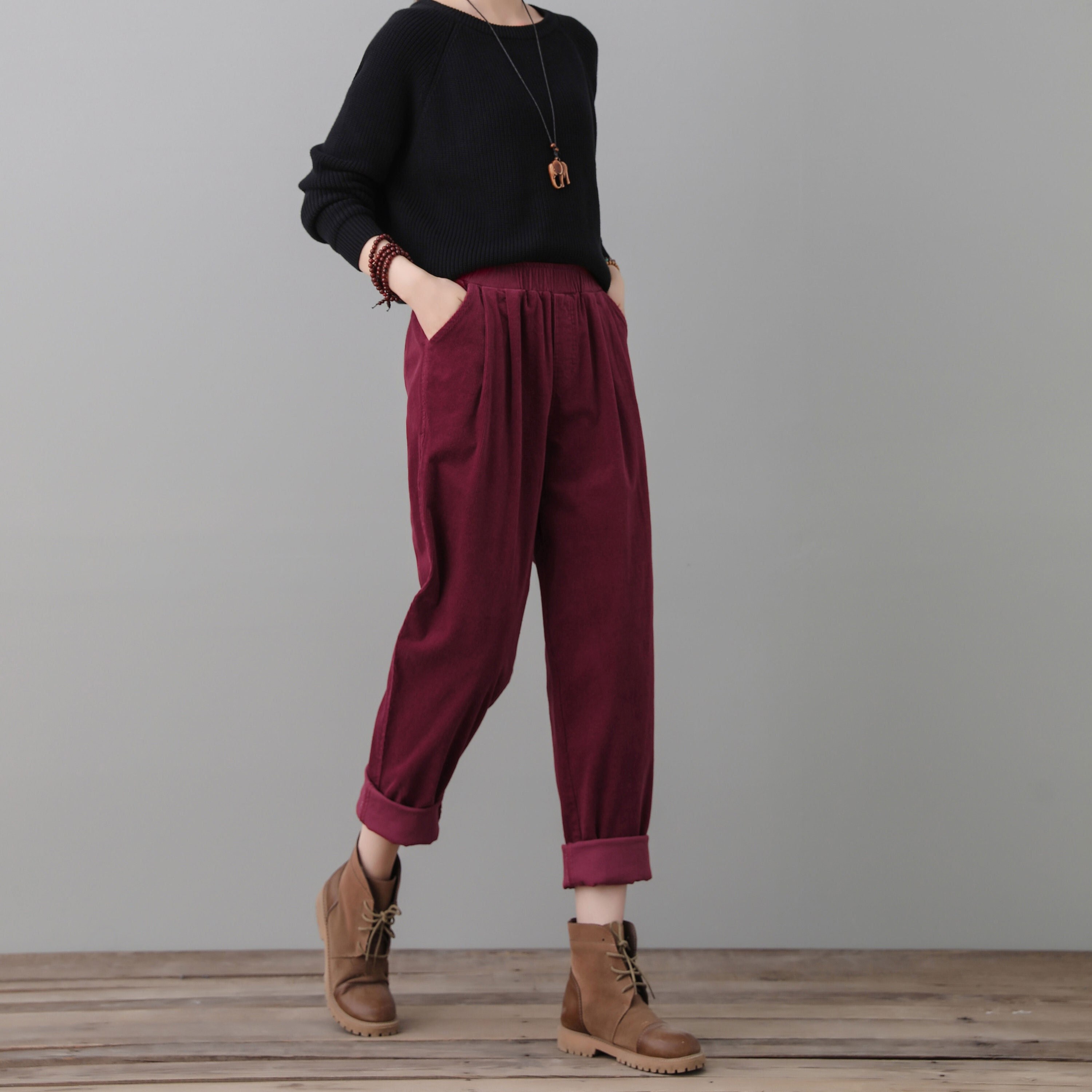Burgundy Corduroy Pants Women Spring 