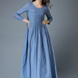 Womens Spring Fall Blue Linen Maxi dress with pockets, Long linen dress, pleated Linen dress, Custom Plus size Linen dress, Ylistyle C811