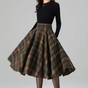 Chic Vintage inspired Plaid Wool Midi Skirt with Pockets – Flowy Circle Style for Fall and Winter Fashion, Ylistyle C5197#