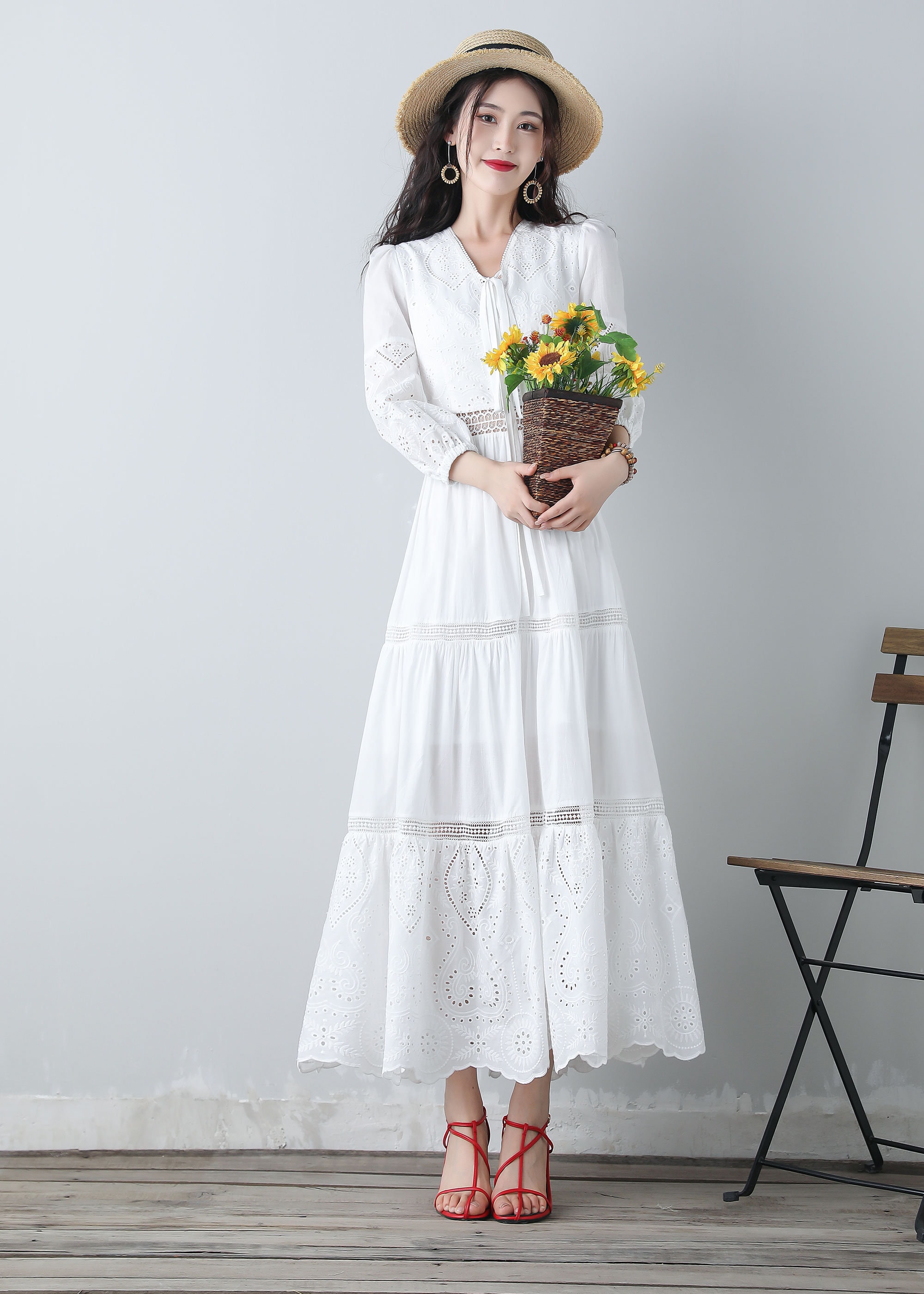 Women's Summer White Embroidered Dress C3458 White / S