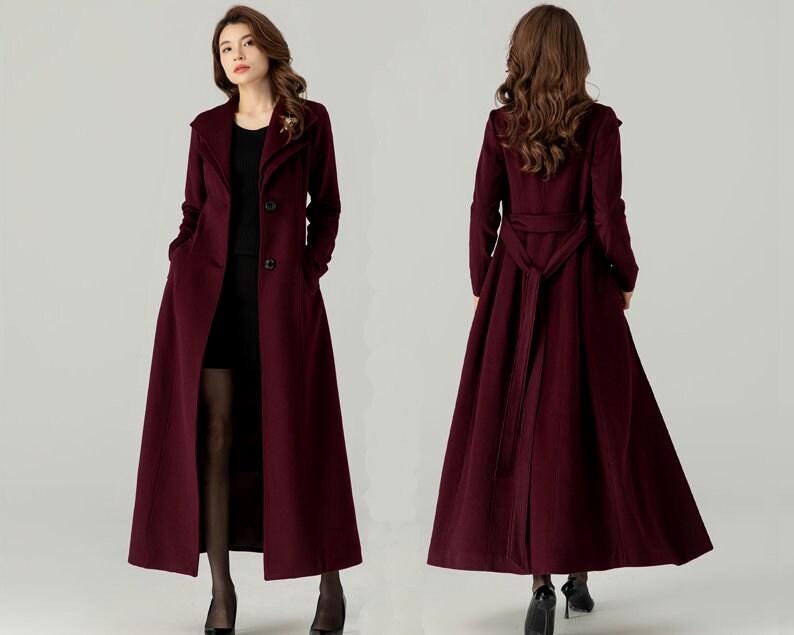 Casaco comprido de lã bordô feminino, Casaco de inverno de lã feminino, Casaco treché de lã, Casaco maxi de lã, Casaco de lã com cinto, Casaco feito à mão, Ylistyle C3693 imagem 1