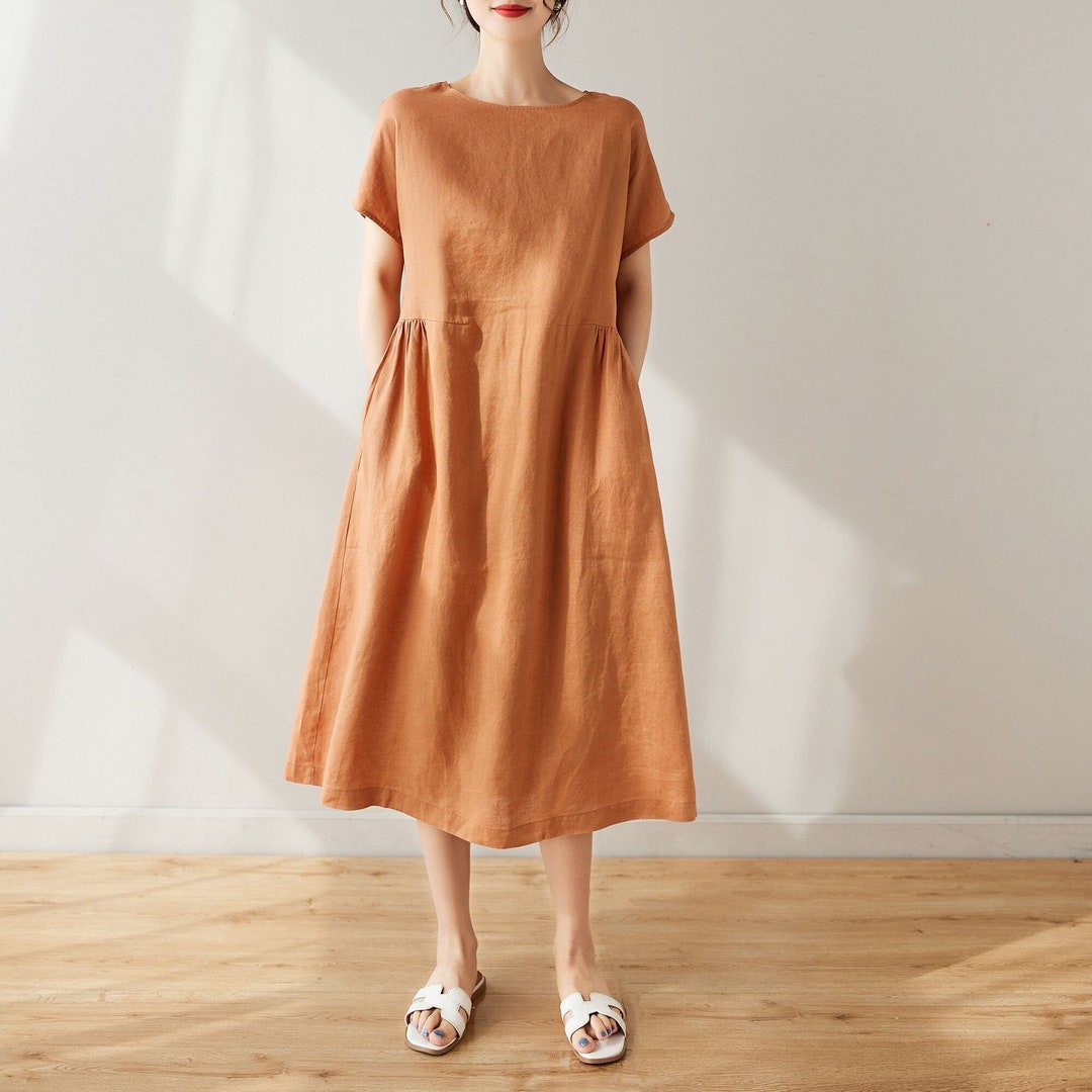 Women's Linen Dress, Midi Linen Dress, Orange Dress, Short Sleeve Dress, Alinen Dress, Linen