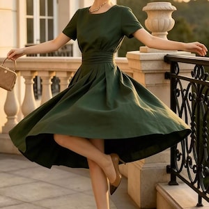 Dark Green Linen Midi Dress, Elegant Pleated Waist Fit and Flare Dress, Short Sleeve Summer Dress with Pockets, Custom, Ylistyle C5575 image 9