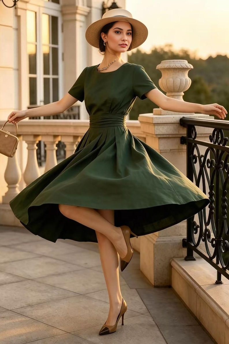 Dark Green Linen Midi Dress, Elegant Pleated Waist Fit and Flare Dress, Short Sleeve Summer Dress with Pockets, Custom, Ylistyle C5575 image 9