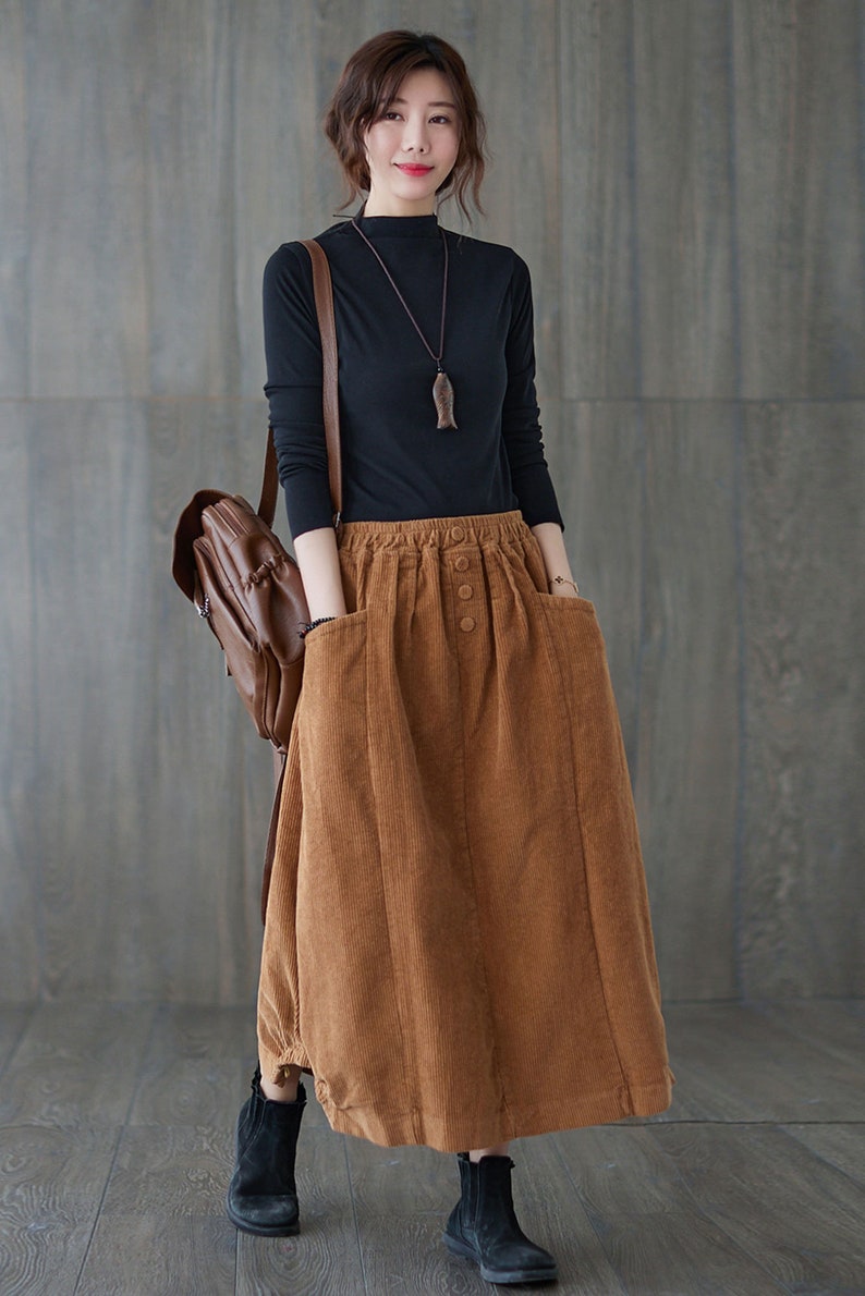 Brown Corduroy Skirt, Maxi Corduroy skirt, Autumn winter Corduroy Skirt, Casual Corduroy Skirt, Plus size Corduroy Skirt with Pockets C1820 image 4