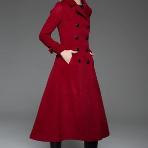 Classic Red Coat Wool Long Full Length Fitted Slim Tailored Double-Breasted Woman's Coat with Black Buttons & Double Lapels C741 image 3