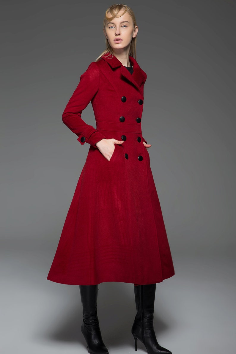 Classic Red Coat Wool Long Full Length Fitted Slim Tailored Double-Breasted Woman's Coat with Black Buttons & Double Lapels C741 image 3