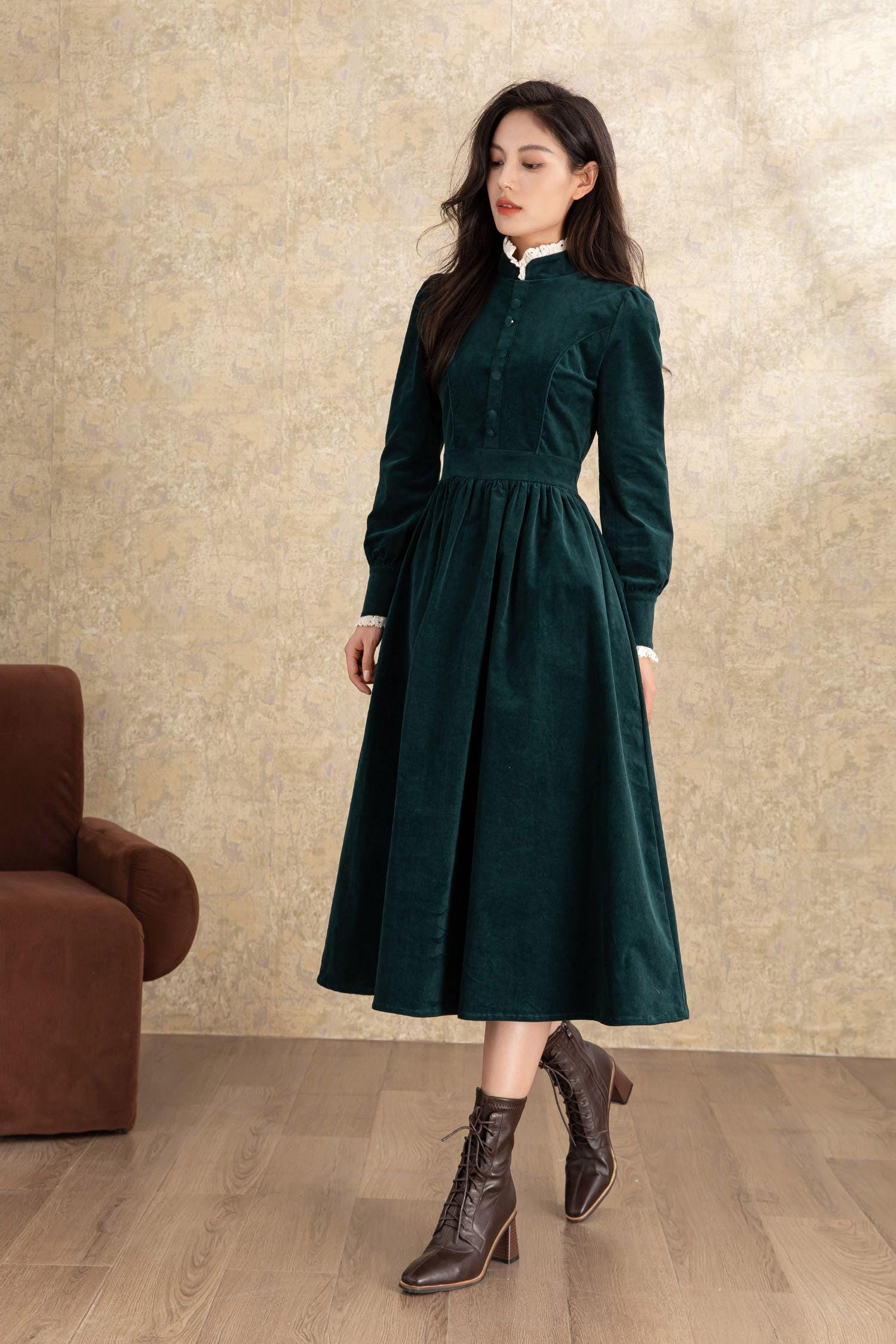 Corduroy Dress, Green Corduroy Midi Dress, A Line Dress, Corduroy